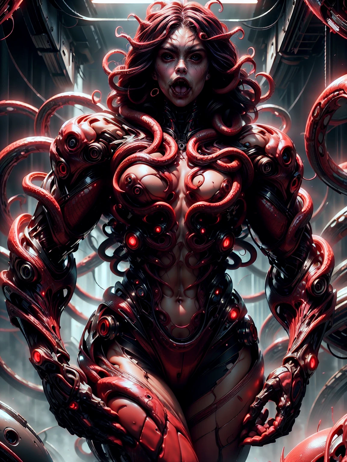 (beautiful girl:1.25), (megan fox:1.25), (young bodybuilder girl wearing cybernetic muscle suit:1.25), (medusa head tentacles:1.25), carnage muscular physique, seductive face, mouth wide open carnage style, long red hair, perfect muscular body, super skinny legs, sissy, femboy, (carnage style physique)