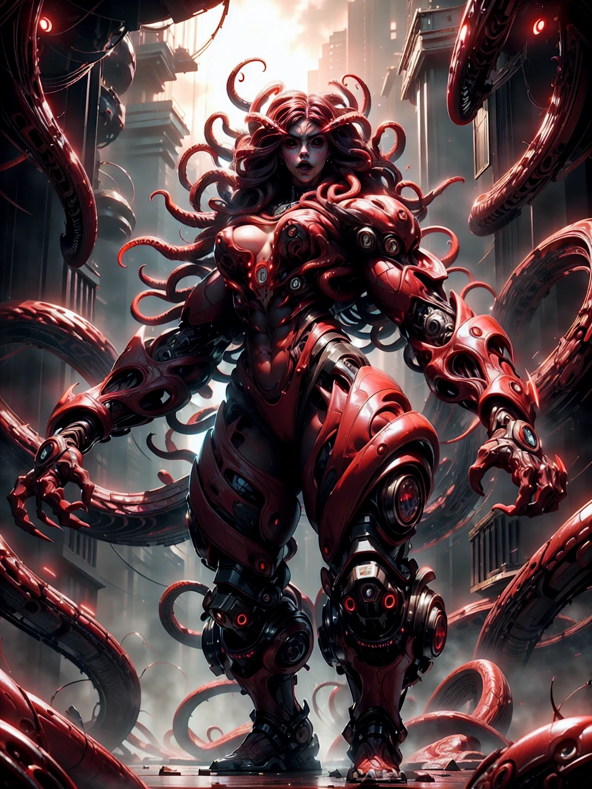 (beautiful girl:1.25), (megan fox:1.25), (young bodybuilder girl wearing cybernetic muscle suit:1.25), (medusa head tentacles:1.25), carnage muscular physique, seductive face, mouth wide open carnage style, long red hair, perfect muscular body, super skinny legs, sissy, femboy, (carnage style physique)