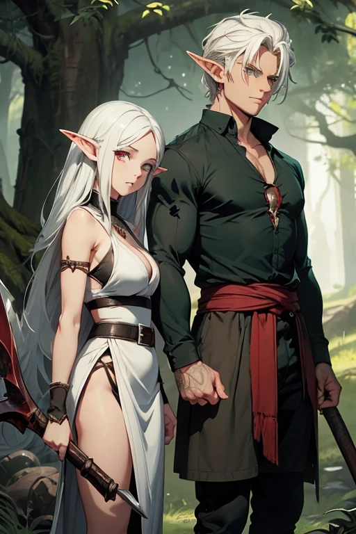 handsome elf in black t shirt. Fit body shape and mascular man. Clean shaved. Standing with a white hair elf girl. She is wearing white dress. Green eyes of elf girl. Both standing side by side to each other and looking to the camera straight to us on screen.boy have black hairs and aged about 30 years young.Girl is a young women about 25 years old showing cleavage.Boy is holding an axe with blood on it and red eyes.Green extremely mascular warcraft orc behind them staring at front. and holding an big axe