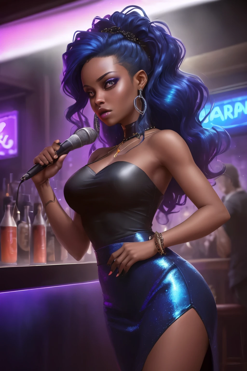In the heart of the bustling bar, a radiant figure takes center stage. The female singer, her skin as dark as obsidian, wears a sleek, form-fitting t-shirt that contrasts with her vibrant aura. Her hair, a cascade of blue waves, sparkles under the neon lights, adding an otherworldly allure to her presence. Clutched in her hand is a microphone, which she uses to project her powerful voice, filling the room with the fiery melody of her blues songs. The background hums with the rhythm of her band, their instruments creating a symphony of sound that complements her soulful singing. The heat of the bar ampl