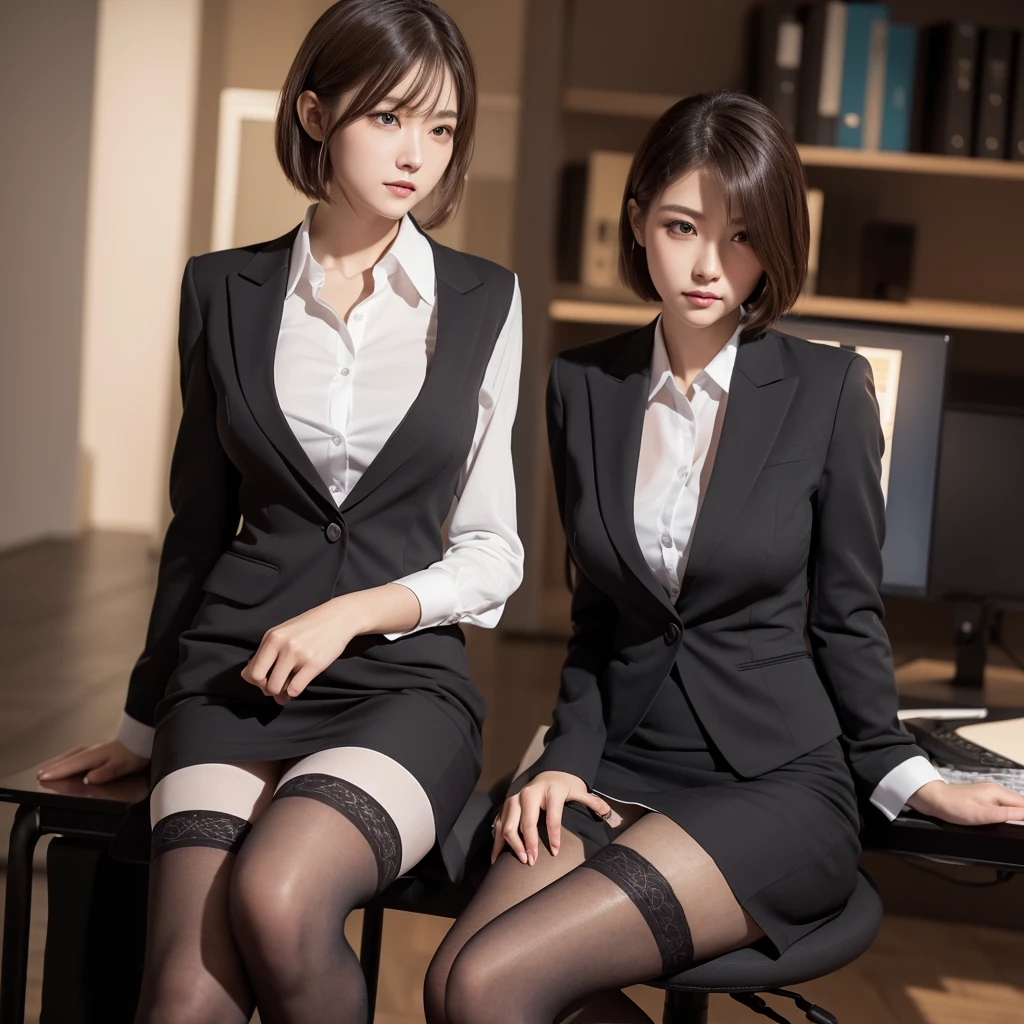 face is :9,1714884241], High-class elite secretary in a business shirt, Work in an office chair、Wearing a strict business suit, (Wearing pantyhose)、(Short Layer Hair)、crossed legs, Wear high-quality heels、 (thighhighs and skirt、huge tit), Girl in a shirt, Wearing a business suit, Wearing a business suit, in a business suit, businesswoman, business outfit, wearing black business suit, Wear shirts and skirts., Woman in business suit, business outfit, business outfit, Raw foto, (8K、top-quality、​masterpiece:1.2)、(delicate detail:1.4)、(Photorealsitic:1.4)、octan render、Complex 3D Rendering, ultra-detailliert, Studio Soft Light (Studio Soft Light) (Studio Soft Light (Studio Soft Light)), Rim Light, vibrant detail, super detailing, realistic skin textures, Detail Face, Beautiful detail eyes, Highly detailed CG Unity 16K wallpaper, Makeup-, (Detailed background:1.2), Exposed thighs!!!,
