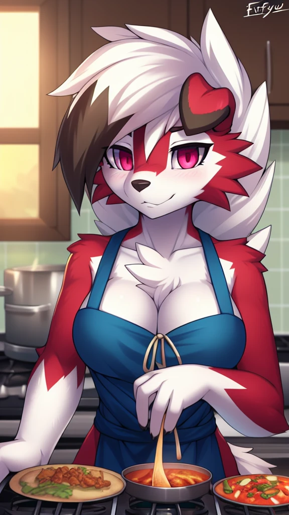 By zinfyu,by twistedscarlet60, uploaded on pixiv, by fluff-kevlar, (masterpiece), (best quality), (solo female:1.2), (extremely detailed:1.3),(detailed eye,black circle on eye,pink eye), lycanroc midnight, view on viewer, close view, half body on potrait, only body and head, close view, wearing cooking apron,in kitchen,cooking food, (tail:1.1), closeup photo of lycanroc, adult body posture