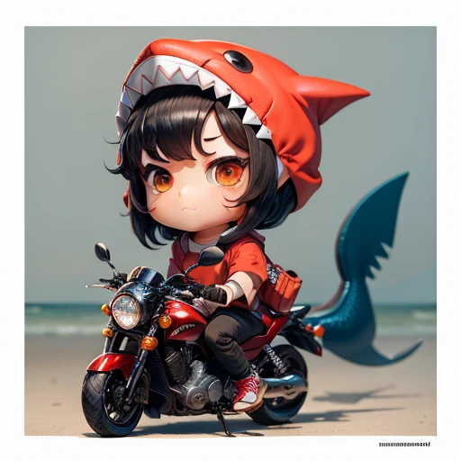 High quality,Masterpiece, Chibi, Nerdrooid, Mega Mini, shark hat, Shark tail, Set F, have dark hair, Bob hairstyle, metal, Okinawa style, Ride a shark, hibiscus, full body,