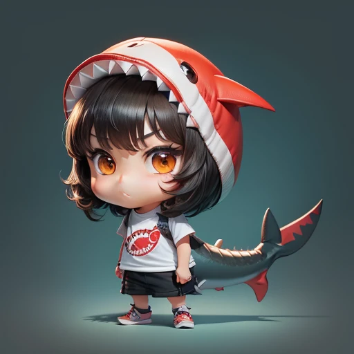High quality,Masterpiece, Chibi, Nerdrooid, Mega Mini, shark hat, Shark tail, Set F, have dark hair, Bob hairstyle, metal, Okinawa style, Ride a shark, hibiscus, full body,