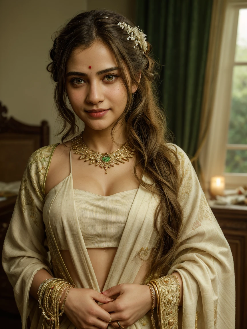 Portrait of A confident-looking white rea chakraborty , actress rea chakraborty, white woman with bun of long and thick brown hair tied behind and covered with flowers, hazel eyes, wearing a traditional green saree, medium cleavage, wearing lots of jewellery, smile on face, lusty look, standing in bedroom, perfect composition, hyperrealistic, super detailed, 8k, high quality, trending art, trending on artstation, sharp focus, studio photo, intricate details, highly detailed, art by greg rutkowski