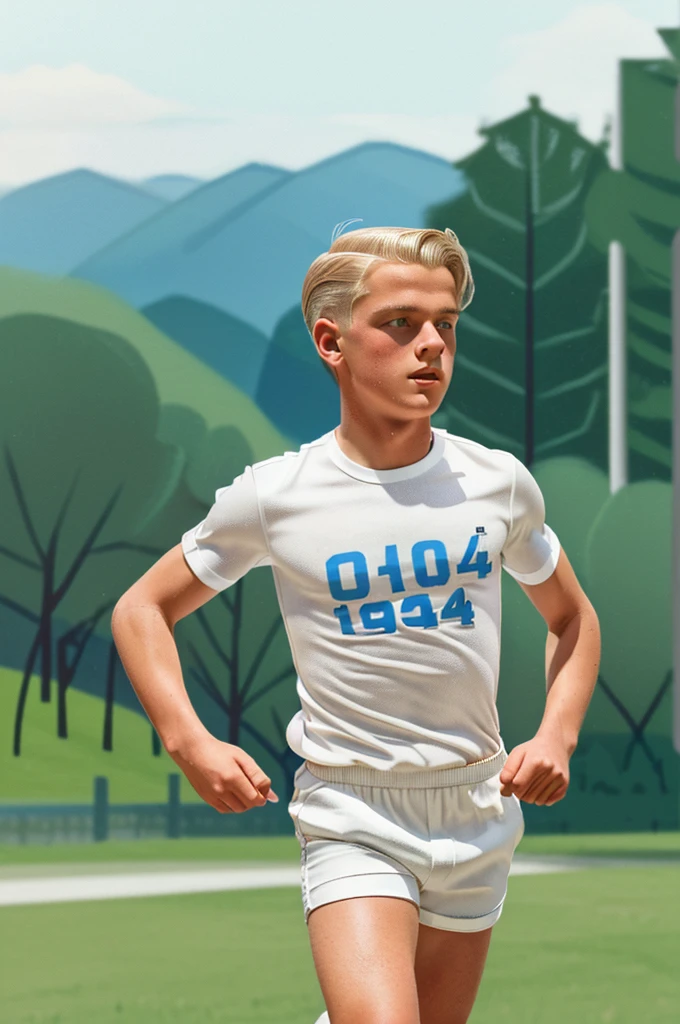 Zollverein, 1940. profile view of A young ((((14-year-old)) Werner Pfennig)), young man, running fast, ((((clothings from the 1940s, white shorts and t-shirt)))), ((platinum blonde hairstyle of the 1940s))