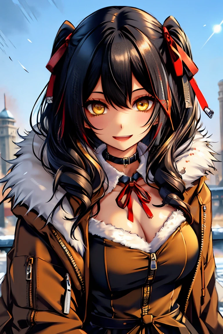 (masterpiece:1.2), (high quality:1.2), (hui xiyi:0.7), rekkyo sensen, rekkyou sensen, girls with((black hair, yellow eyes, one side up, bare shoulders, blush, breasts, choker, cleavage, coat, collar, collarbone, cowboy shot, dress, lace dress, belt, red bow, red ribbon, neck ribbon, collared shirt, eyebrows visible through hair, frills, fur, fur-trimmed coat, fur-trimmed hood, fur-trimmed jacket, fur-trimmed sleeves, fur coat, fur collar, fur trim, hood down, hooded coat, hooded jacket, hoodie, jacket, large breasts, long hair, long sleeves, looking at viewer,medium breasts, open clothes, open coat,open hoodie, sleeveless, winter clothes, winter coat, zipper, cleavage, upper body)), background with((fantasy world, ruin, castle, beautiful sky, shining sky, sunshine))