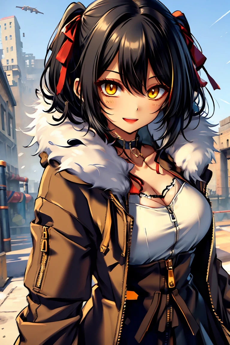 (masterpiece:1.2), (high quality:1.2), (hui xiyi:0.7), rekkyo sensen, rekkyou sensen, girls with((black hair, yellow eyes, one side up, bare shoulders, blush, breasts, choker, cleavage, coat, collar, collarbone, cowboy shot, dress, lace dress, belt, red bow, red ribbon, neck ribbon, collared shirt, eyebrows visible through hair, frills, fur, fur-trimmed coat, fur-trimmed hood, fur-trimmed jacket, fur-trimmed sleeves, fur coat, fur collar, fur trim, hood down, hooded coat, hooded jacket, hoodie, jacket, large breasts, long hair, long sleeves, looking at viewer,medium breasts, open clothes, open coat,open hoodie, sleeveless, winter clothes, winter coat, zipper, cleavage, upper body)), background with((fantasy world, ruin, castle, beautiful sky, shining sky, sunshine))