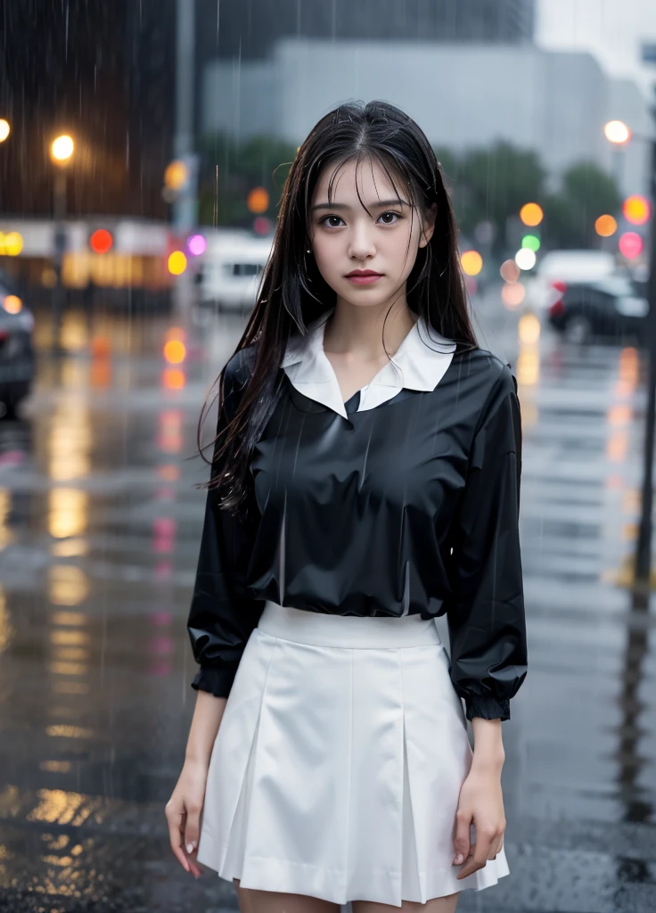 20year old beautiful girl、Beauty、Japanese、cute、beautiful girl、slim、Highest quality、Realistic、16K、panoramic、(masterpiece, Highest quality, One Girl, Beautiful office lady, Very wet, soaked from heavy rain, Long black hair, Straight hair, White blouse, Dark Skirt, Serious expression, Street background, Detailed Scene, Reflective Puddle, Dark Clouds, heavy rain, realistic rain effect)