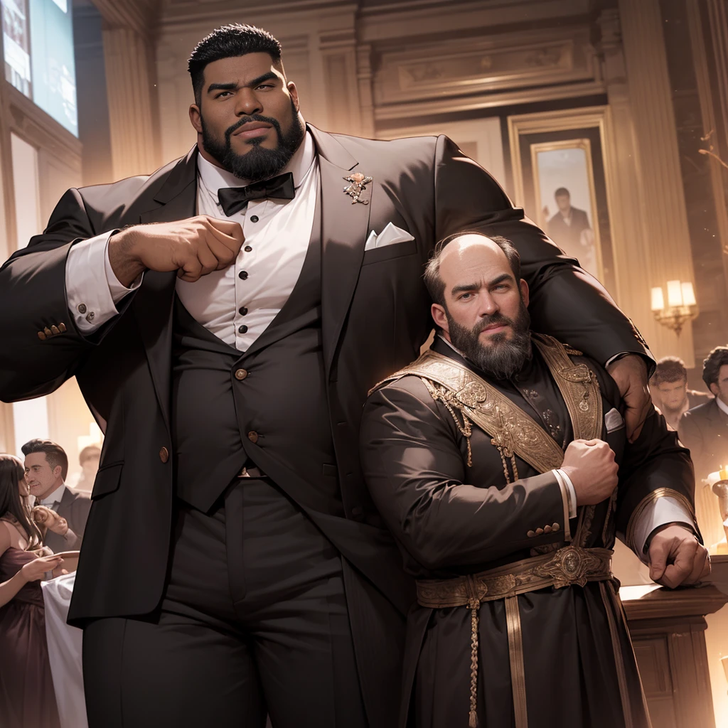 American man、dark skin color、big body、strong beard、Very large body、Very large muscles、wearing a black long-sleeved tuxedo、6 pack、Crisp face、Muscle Pose、detailed crotch、and draw the whole body、Bald head、Plump crotch、Lack of hair、Mouth kissing