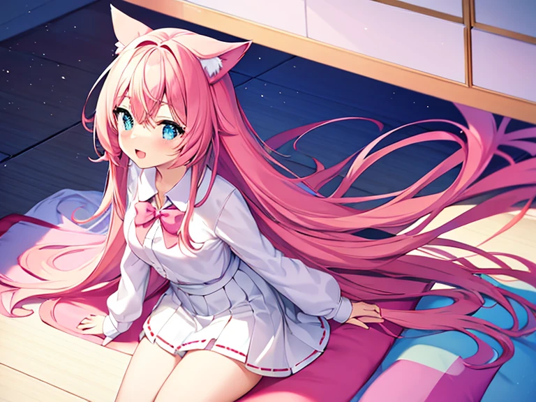 cute anime girl holding a pink video game controller in a room, anime catgirl,a girl wear white shirt and red tie and wear tight white skirt,cute anime catgirl, anime girl with cat ears, blue eyes,flat anime style, nekomimi, lofi girl, catgirl, anime vibes, soft anime illustration, ddlc, girl with cat ears, anime style. 8k, pink straight hair, long bubblegum hair, pink wispy hair, long pink hair, long flowing pink hair, flowing pink hair, wear white skirt, anime girl with long hair and cyan eyes,and wear a tight white shirt and red tie and white skirt, ,digital anime illustration, anime room with a computer, a desk, anime background art, background art, anime aesthetic, personal bedroom background,gaming girls bedroom background, kawaii aesthetic, anime background, lofi girl aesthetic, girl wear white skirt, anime vibes, lofi artstyle, beautiful kawaii lighting, lo-fi illustration style, lofi aesthetic, interior background art, cute detailed digital art, glowing aesthetic, wear white skirt