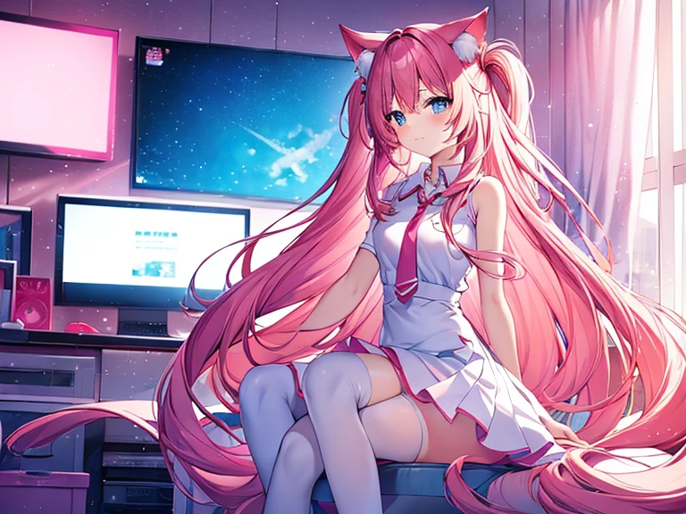 cute anime girl holding a pink video game controller in a room, anime catgirl,a girl wear white shirt and red tie and wear tight white skirt,cute anime catgirl, anime girl with cat ears, blue eyes,flat anime style, nekomimi, lofi girl, catgirl, anime vibes, soft anime illustration, ddlc, girl with cat ears, anime style. 8k, pink straight hair, long bubblegum hair, pink wispy hair, long pink hair, long flowing pink hair, flowing pink hair, wear white skirt, anime girl with long hair and cyan eyes,and wear a tight white shirt and red tie and white skirt, ,digital anime illustration, anime room with a computer, a desk, anime background art, background art, anime aesthetic, personal bedroom background,gaming girls bedroom background, kawaii aesthetic, anime background, lofi girl aesthetic, girl wear white skirt, anime vibes, lofi artstyle, beautiful kawaii lighting, lo-fi illustration style, lofi aesthetic, interior background art, cute detailed digital art, glowing aesthetic, wear white skirt