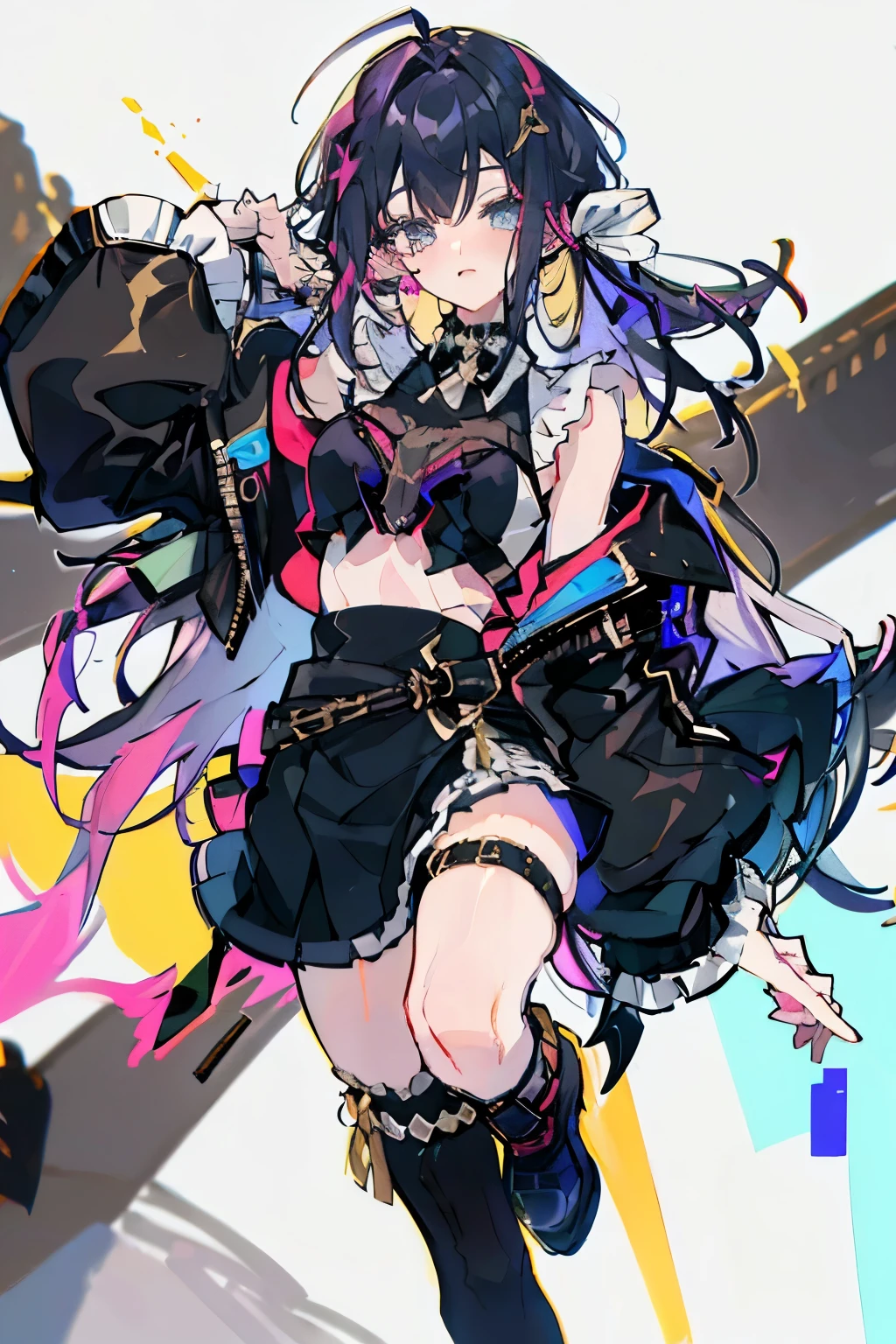 Black closed top shirt with skirt with gold buttons, big ribbon wrapped around waist with a bow, deep tan, brown skin girl, short curly black hair, big blue eyes, 19 years old, , thigh knee high tabi sock with sandals),outline, white outline, blue color palette, masterpiece, 4k, best quality, anime art, colorful, cool, colors, splash, water colors 