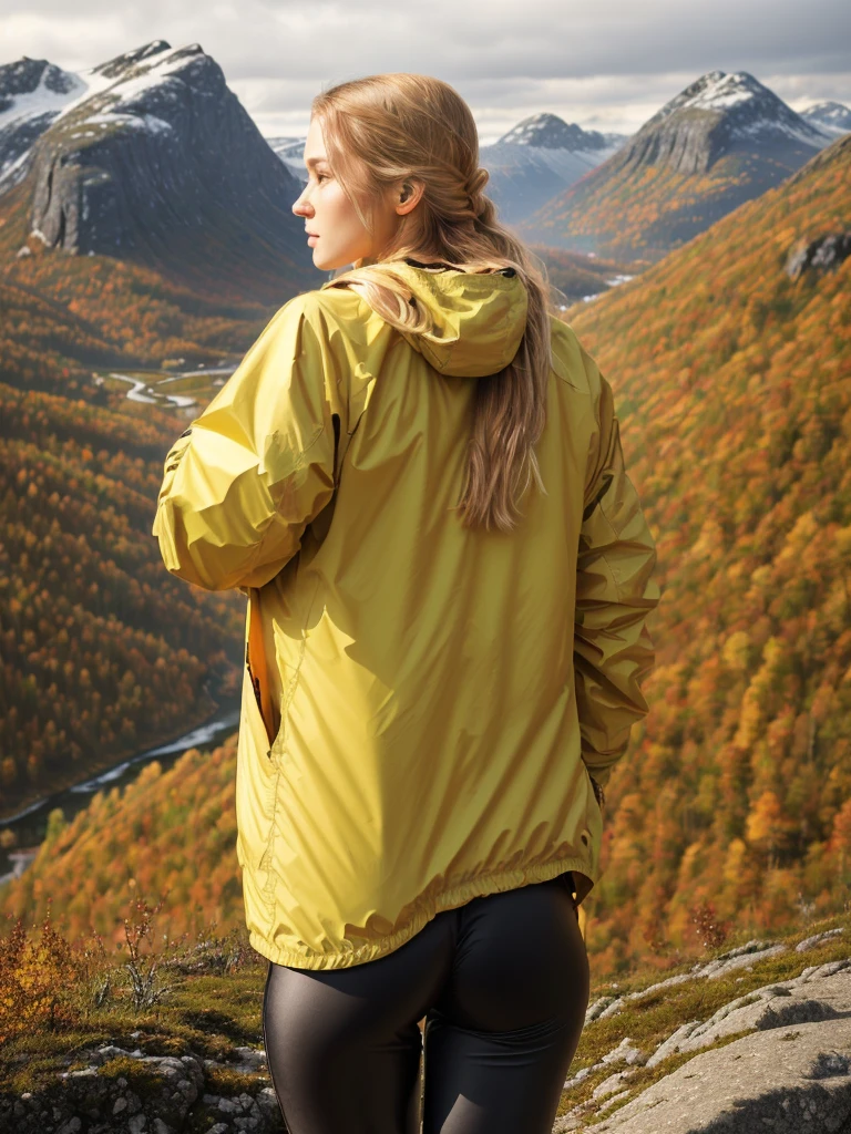 Naturescape photography; mountain climbing; Full body view; (1woman:0.5, solo), (slender body), (Small breasts) , (soaking wet red wind jacket ,tight satin Pants, terrain running shoes, big rucksack), standing on a mountain peak, Rough track, boulders , (long yellow hair), (nordic girl, 26-year-old, ultra delicate face, ultra Beautiful face, ultra delicate eyes, ultra detailed nose, ultra detailed mouth, ultra detailed facial features, natural skin, blemishes, blue eyes), (breasts are small: 0.5) (face is shiny:0.8), (natural skin:1 m, (Spectacular autumn rain, mountain views, with rugged Norwegian mountain ranges in the distance ), (Highest Quality, hyper-realistic:1.3, Super dense, very detailed illustration, Best image quality, very detailed illustration) natural skin, blemishes, detail skin texture, full body pose, natural skin poors, (((shot straight from the behind ))) she is uncomfortable and cold, afraid, sexy Ass, candid Ass,