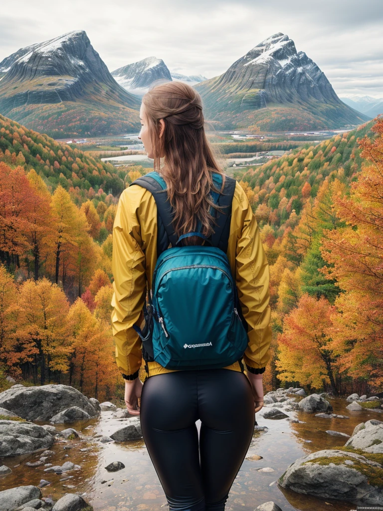 Naturescape photography; mountain climbing; Full body view; (1woman:0.5, solo), (slender body), (Small breasts) , (soaking wet red wind jacket ,tight satin Pants, terrain running shoes, big rucksack), standing on a mountain peak, Rough track, boulders , (long yellow hair), (nordic girl, 26-year-old, ultra delicate face, ultra Beautiful face, ultra delicate eyes, ultra detailed nose, ultra detailed mouth, ultra detailed facial features, natural skin, blemishes, blue eyes), (breasts are small: 0.5) (face is shiny:0.8), (natural skin:1 m, (Spectacular autumn rain, mountain views, with rugged Norwegian mountain ranges in the distance ), (Highest Quality, hyper-realistic:1.3, Super dense, very detailed illustration, Best image quality, very detailed illustration) natural skin, blemishes, detail skin texture, full body pose, natural skin poors, (((shot straight from the behind ))) she is uncomfortable and cold, afraid, sexy Ass, candid Ass,