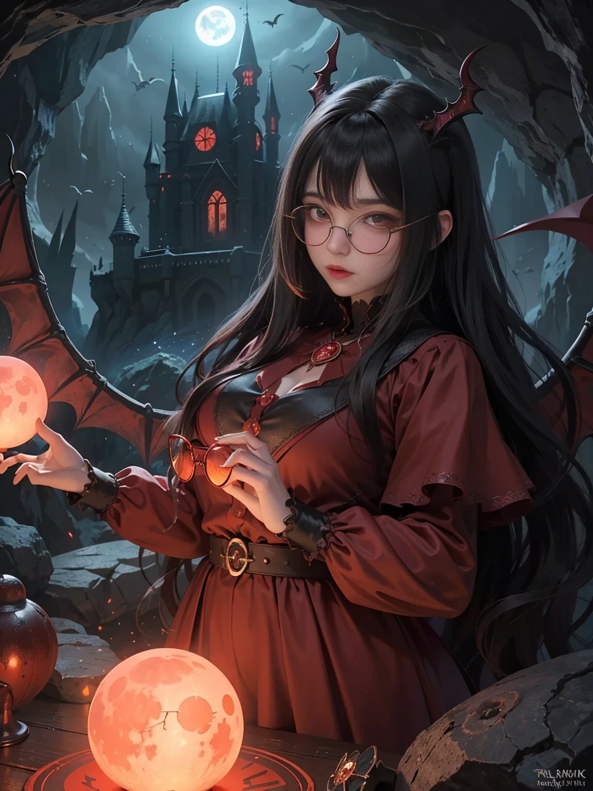 Dark Fantastic Night , A scary big castle behind , Lots of bats , A big, red, fantastical moon , Some cliffs , 2. A cave far from the cliff , Some stones , Broken pillars , There are many magical glowing stones around her , A dragon far away in the dark sky, Horror Scene , a beautiful female demon , Red magical very bright eyes , A small magical sphere glowing red in both hands at the same time , Female demon gazing at the orb , Dark Big Wing , Highly detailed face , ((((Huge glasses, Nerd Glasses, Thick glasses, Round Glasses))))、 (Ultra-detailed scenes) , (Ultra-detailed orbs) , (Super beautiful face) , (Ultra-detailed Moon) , (Ultra-detailed castle) , (Ultra-precise needle) , (Very detailed wings) Blood splattered on the body, Pale face , Dark Red Lip , Black Devil Wear , Shaped body , Red magic around her , Rotating Red Mana