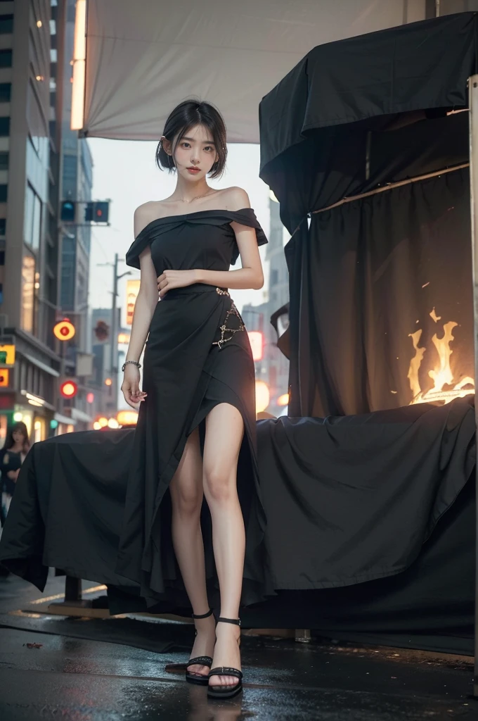 (((best quality))),(((Extremely detailed))),(((masterpiece))),illustration,1 Girl,Slim,Active Cotton Dress,Short straight hair,flat chest,permanent, Bustling city streets,Surrounded by a crowd, rich and colorful,Enjoy the sights and sounds,(Dark black skin:1.5),whole body,Stand in front of you,Place your hands at your sides,Long legs,sandals