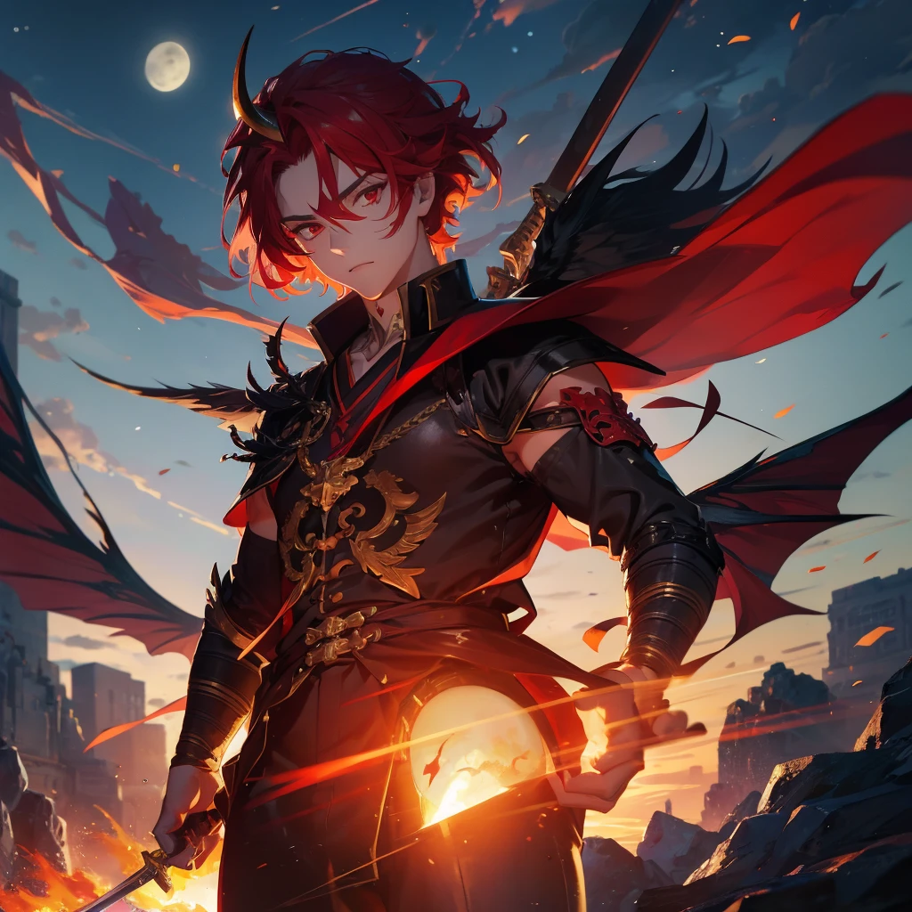 1 handsome guy in demon killer art, demon horn, red hair,wings, moon, sword, Inspired by Bian Shoumin, heise jinyao, Inspired by Seki Dosheng, Cai Xukun, by Yang J, Guviz-style artwork, Deviantart ArtStation CGSCOSIETY, demon slayer rui fanart, 8k, hd, unreal engine, manly, handsome,