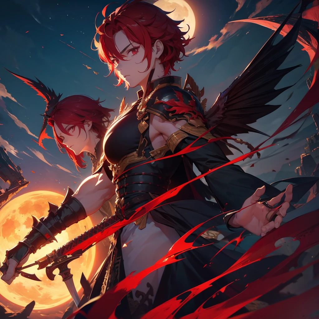 1 handsome guy in demon killer art, demon horn, red hair，wings, moon, sword,  Inspired by Bian Shoumin, heise jinyao, Inspired by Seki Dosheng, Cai Xukun, by Yang J, Guviz-style artwork, Deviantart ArtStation CGSCOSIETY, demon slayer rui fanart, 8k, hd, unreal engine, manly, handsome, 