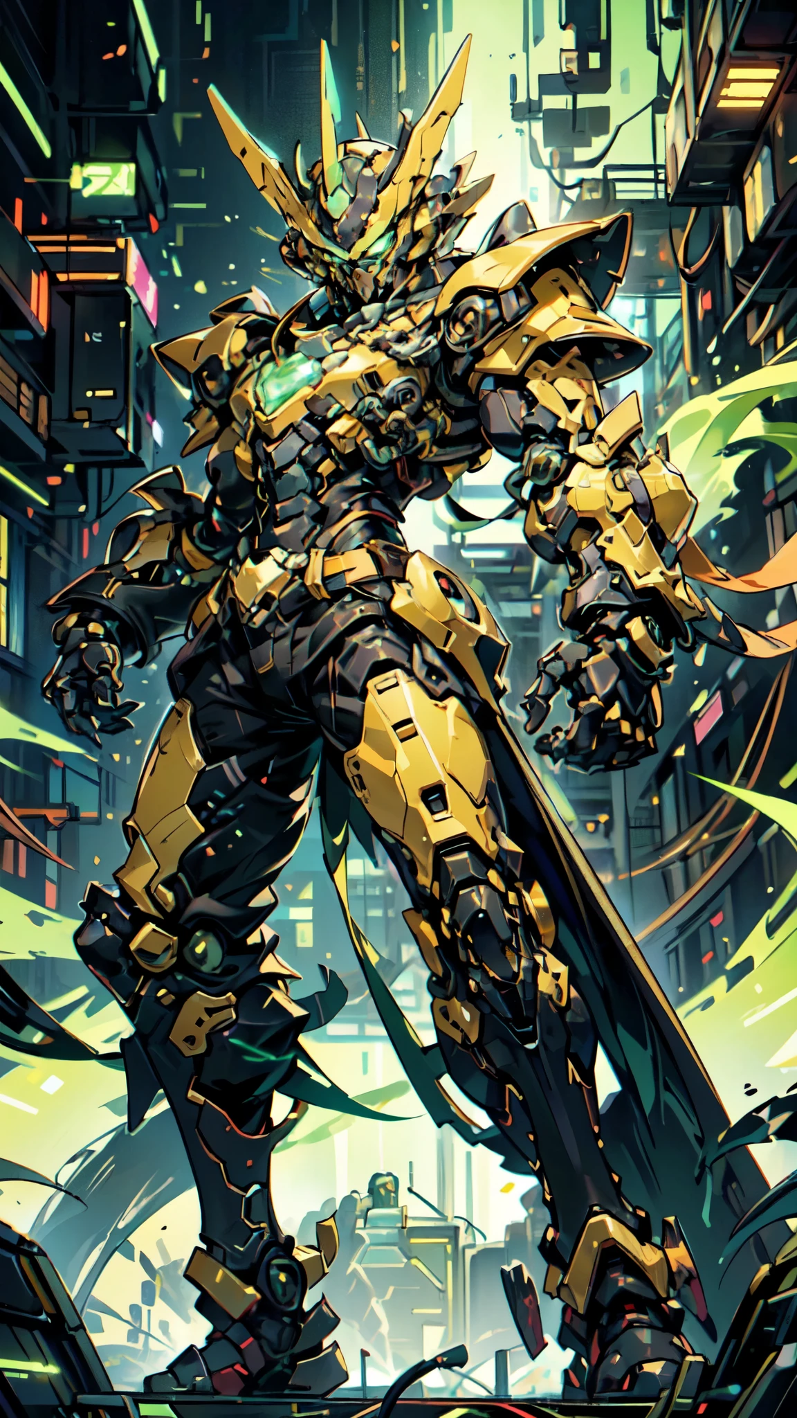 (masterpiece:1.5, best quality:1.5, extremely delicate:1.5, foreshortening:1.5, dynamic angle:1.5), a man wearing a full-face helmet, a fantasy-style biotech armored combat suit, green eyes, (a composite layered chest armor), fully enclosed shoulder guards, matching arm and leg guards, the belt is adorned with neon circuitry, (the color scheme is primarily black glow with green and red accents), the design balances heavy with agility, a high-tech bio-mecha armor, (Armor Concept Inspired by neon Cyberpunk, stand on the top of a skyscraper in a futuristic sci-fi city), this character embodies a finely crafted fantasy-surreal style armored hero in anime style, exquisite and mature manga art style, (element, plasma, energy, the armor glows), ((male:1.5)), metallic, high definition, highres, ultra-detailed, ultra-fine painting, professional, perfect body proportions, golden ratio, anatomically correct, symmetrical face, extremely detailed eyes and face, high quality eyes, creativity, RAW photo, UHD, 32k, Natural light, cinematic lighting, masterpiece-anatomy-perfect