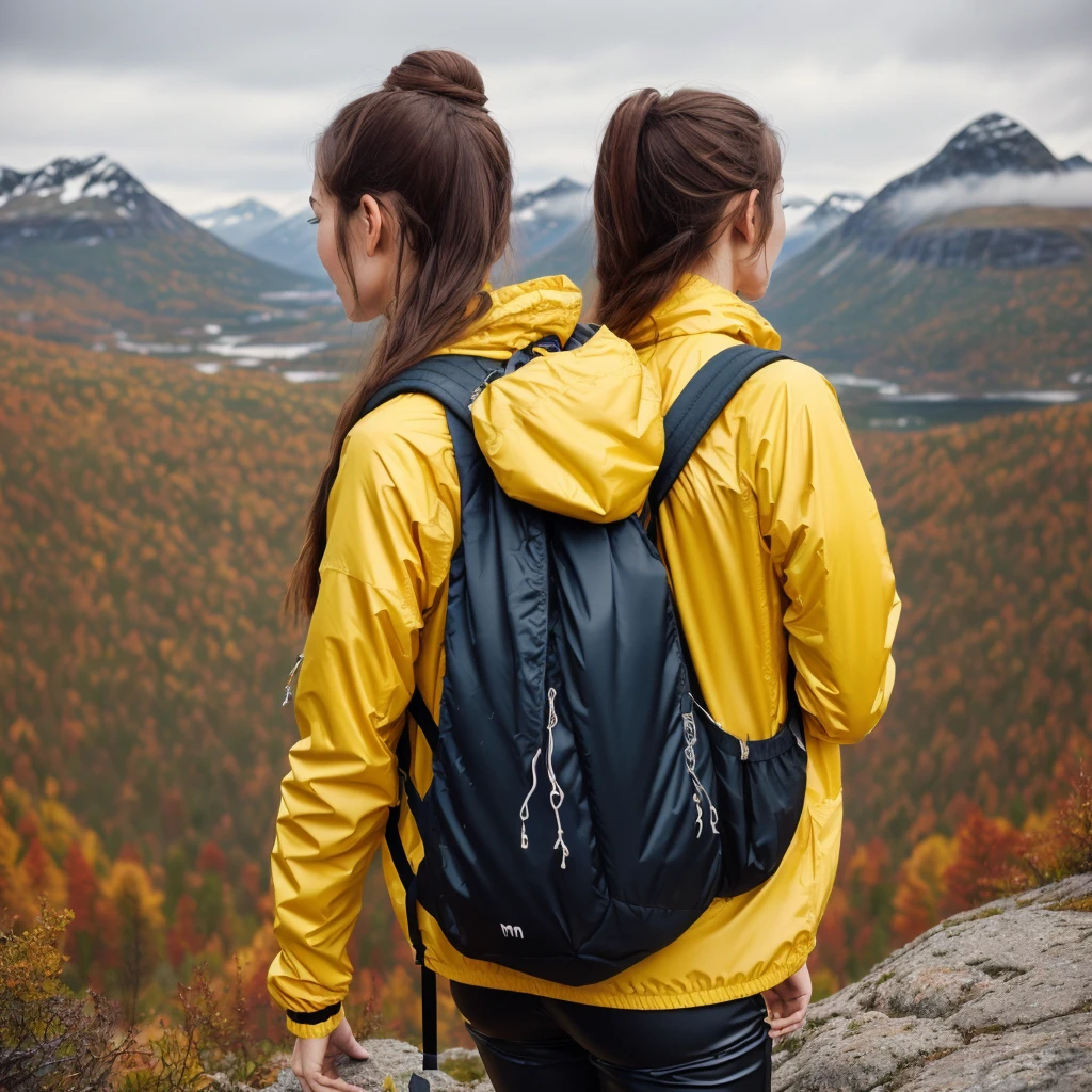Naturescape photography; mountain climbing; Full body view; (1woman:0.5, solo), (slender body), (Small breasts) , (soaking wet red wind jacket ,tight satin Pants, terrain running shoes, big rucksack), standing on a mountain peak, Rough track, boulders , (long yellow hair), (nordic girl, 26-year-old, ultra delicate face, ultra Beautiful face, ultra delicate eyes, ultra detailed nose, ultra detailed mouth, ultra detailed facial features, natural skin, blemishes, blue eyes), (breasts are small: 0.5) (face is shiny:0.8), (natural skin:1 m, (Spectacular autumn rain, mountain views, with rugged Norwegian mountain ranges in the distance ), (Highest Quality, hyper-realistic:1.3, Super dense, very detailed illustration, Best image quality, very detailed illustration) natural skin, blemishes, detail skin texture, full body pose, natural skin poors, (((shot straight from the behind ))) she is uncomfortable and cold, afraid, sexy Ass, candid Ass,