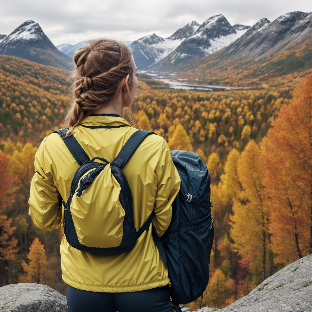Naturescape photography; mountain climbing; Full body view; (1woman:0.5, solo), (slender body), (Small breasts) , (soaking wet red wind jacket ,tight satin Pants, terrain running shoes, big rucksack), standing on a mountain peak, Rough track, boulders , (long yellow hair), (nordic girl, 26-year-old, ultra delicate face, ultra Beautiful face, ultra delicate eyes, ultra detailed nose, ultra detailed mouth, ultra detailed facial features, natural skin, blemishes, blue eyes), (breasts are small: 0.5) (face is shiny:0.8), (natural skin:1  m, (Spectacular autumn rain, mountain views, with rugged Norwegian mountain ranges in the distance ), (Highest Quality, hyper-realistic:1.3, Super dense, very detailed illustration, Best image quality, very detailed illustration) natural skin, blemishes, detail skin texture, full body pose, natural skin poors, (((shot straight from the behind ))) she is uncomfortable and cold, afraid, sexy Ass, candid Ass,