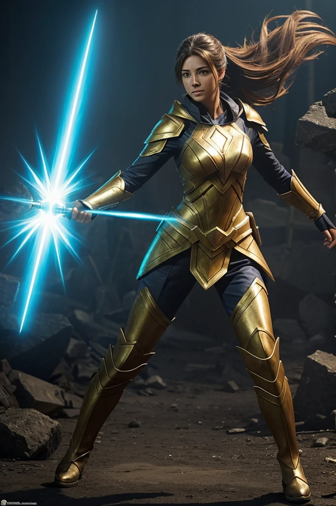 a female hero costume, full body, adjusted and that represents powers related to light or luminosity, not extravagant but not simple and practical for combat with support artifacts in attack and defense