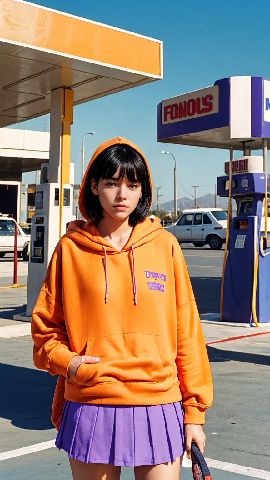 photo cinematic photograph long shot portraits by Wes Anderson, cute 23 yo girl ,fokus, bokeh ,wear ((orange color oversized_hoodie)), wear ((purple tennis skirt)),looking front,Best Quality,Masterpiece,Ultra High Resolution,(Realisticity:1.4),Original Photo, 1Girl, light leak,ultra high resolution,UHD,beautiful, (black bob hair), almond eye, no makeup, in front of ((80's los angles gas station)), (realistic:1.2), (surreal:1.3), (very detailed:1.1), ((masterpiece)),summer, blue sky, palm trees,sunny, los angles vibes,film camera, 800mm lens,style of Philip Lorca diCorcia