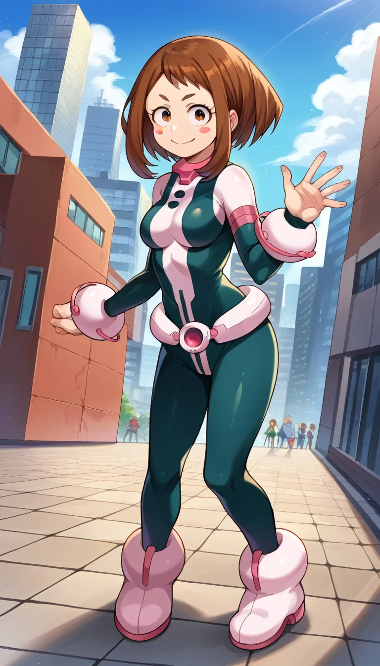 score_9, score_8_up, score_7_up, source_anime,
ochakouraraka, ochako uraraka, brown eyes, brown hair, short hair, blush, blush stickers, smile,
bodysuit, skin tight, superhero,
outdoors, cityscape,
looking at viewer, cowboy shot, dutch angle, full body, standing, idle