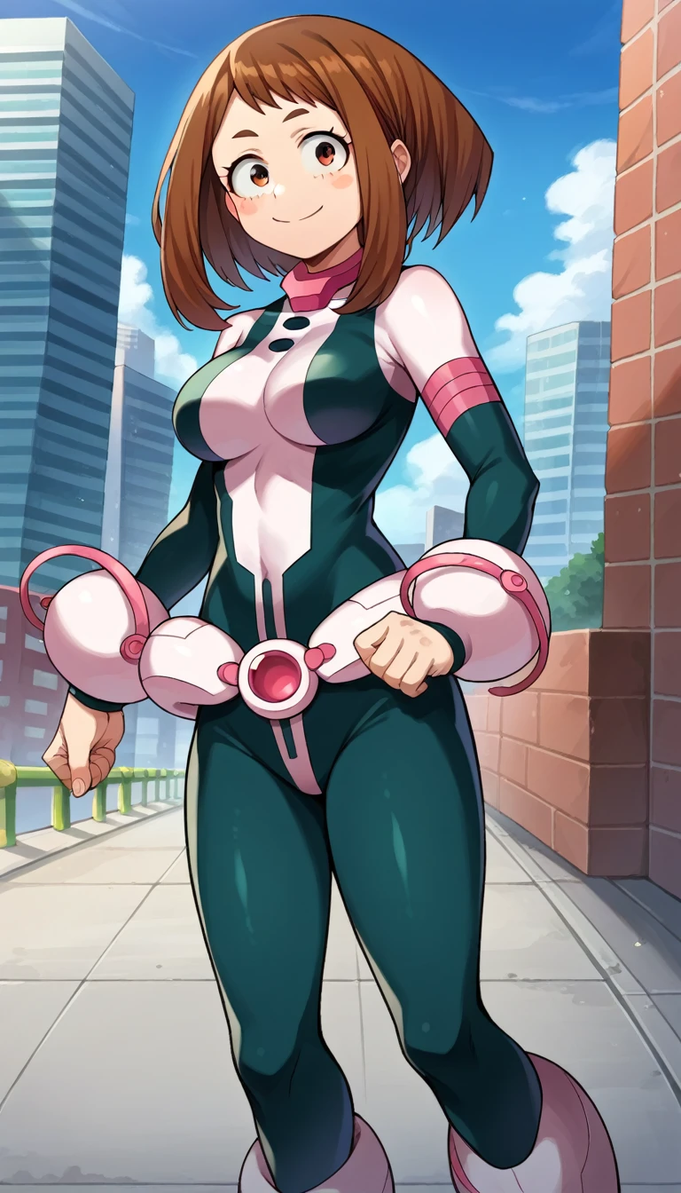 score_9, score_8_up, score_7_up, source_anime,
ochakouraraka, ochako uraraka, brown eyes, brown hair, short hair, blush, blush stickers, smile,
bodysuit, skin tight, superhero,
outdoors, cityscape,
looking at viewer, cowboy shot, dutch angle, full body, standing, idle