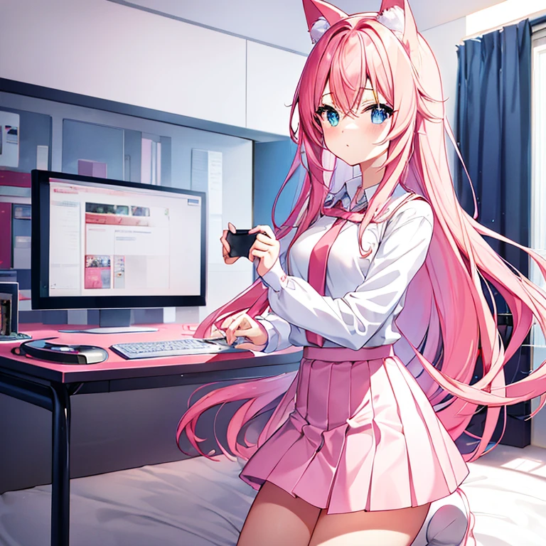 cute anime girl holding a pink video game controller in a room, anime catgirl,a girl wear white shirt and red tie and wear tight white skirt,cute anime catgirl, anime girl with cat ears, blue eyes,flat anime style, nekomimi, lofi girl, catgirl, anime vibes, soft anime illustration, ddlc, girl with cat ears, anime style. 8k, pink straight hair, long bubblegum hair, pink wispy hair, long pink hair, long flowing pink hair, flowing pink hair, wear white skirt, anime girl with long hair and cyan eyes,and wear a tight white shirt and red tie and white skirt, ,digital anime illustration, anime room with a computer, a desk, anime background art, background art, anime aesthetic, personal bedroom background,gaming girls bedroom background, kawaii aesthetic, anime background, lofi girl aesthetic, girl wear white skirt, anime vibes, lofi artstyle, beautiful kawaii lighting, lo-fi illustration style, lofi aesthetic, interior background art, cute detailed digital art, glowing aesthetic, wear white skirt