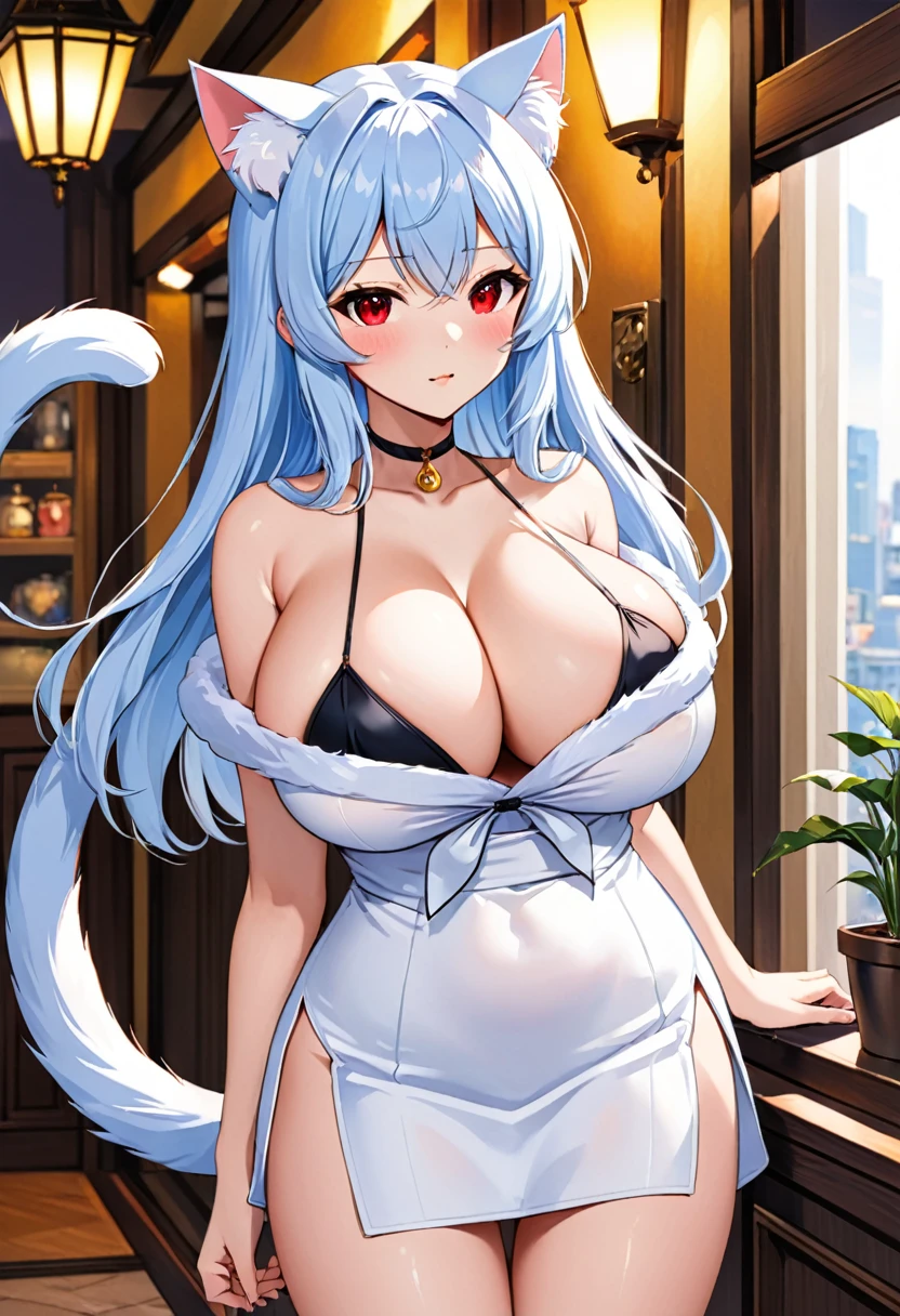 I am Yukiko, I am a white furred cat woman with long light blue hair along with cat ears and light red eyes with a blue cat tail. I am 1.62 cm tall , dressed in a low-cut white blouse and a black miniskirt showing my black thong . with huge breasts measure 200 cm, waist 40 cm and hips 200 cm