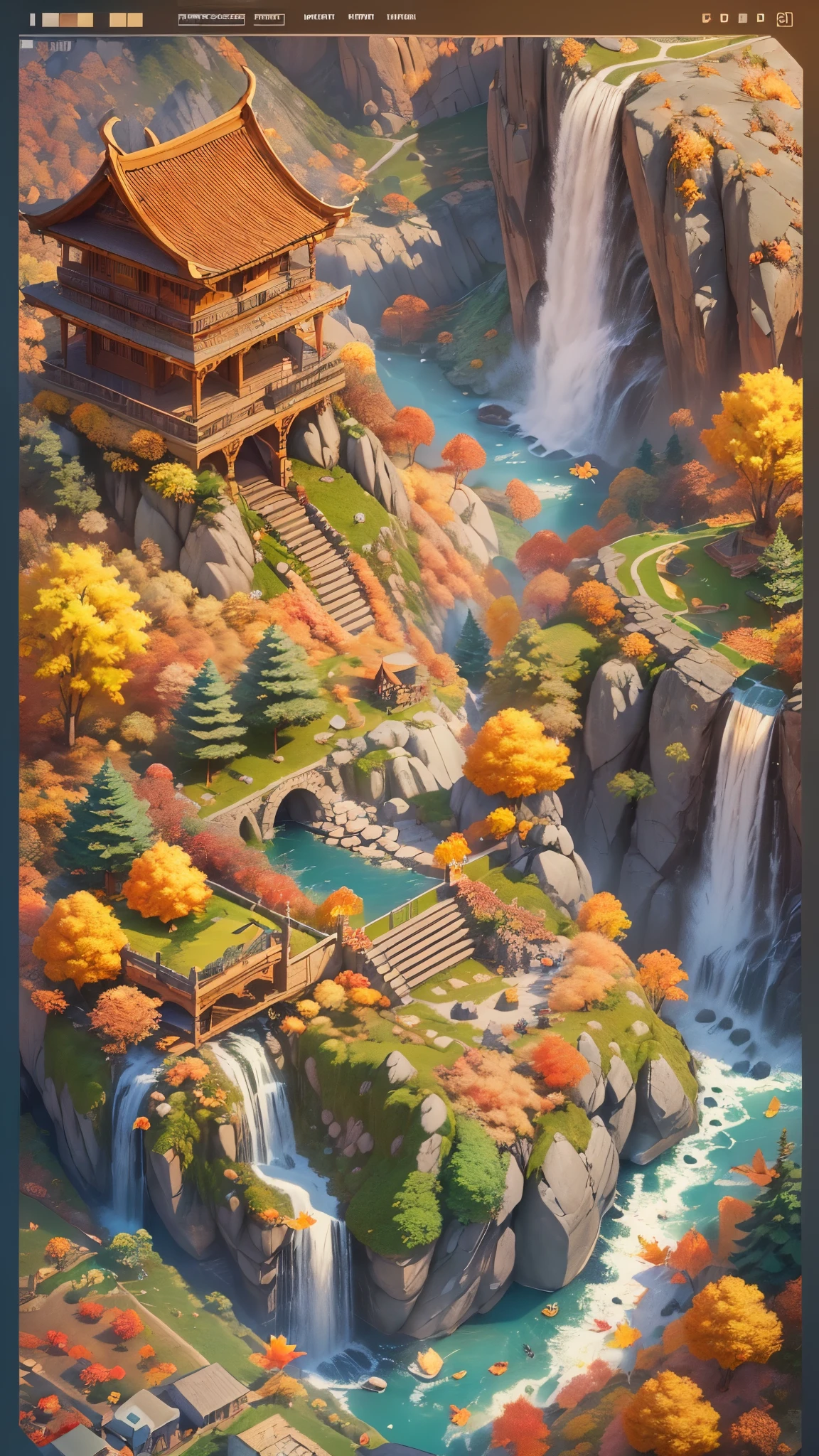 (Isometric Art:1.5)，(high quality，Masterpiece，Octane Rendering，Ray Tracing，Extremely detailed，3d，8K:1.5) ，The art of math，Green mountains and clear waters，(Mountains、Fall:1.6)，Around the mountain road，Ancient bridge，pavilion，river，Small boat，small village，背景Mountains，Isometric projection