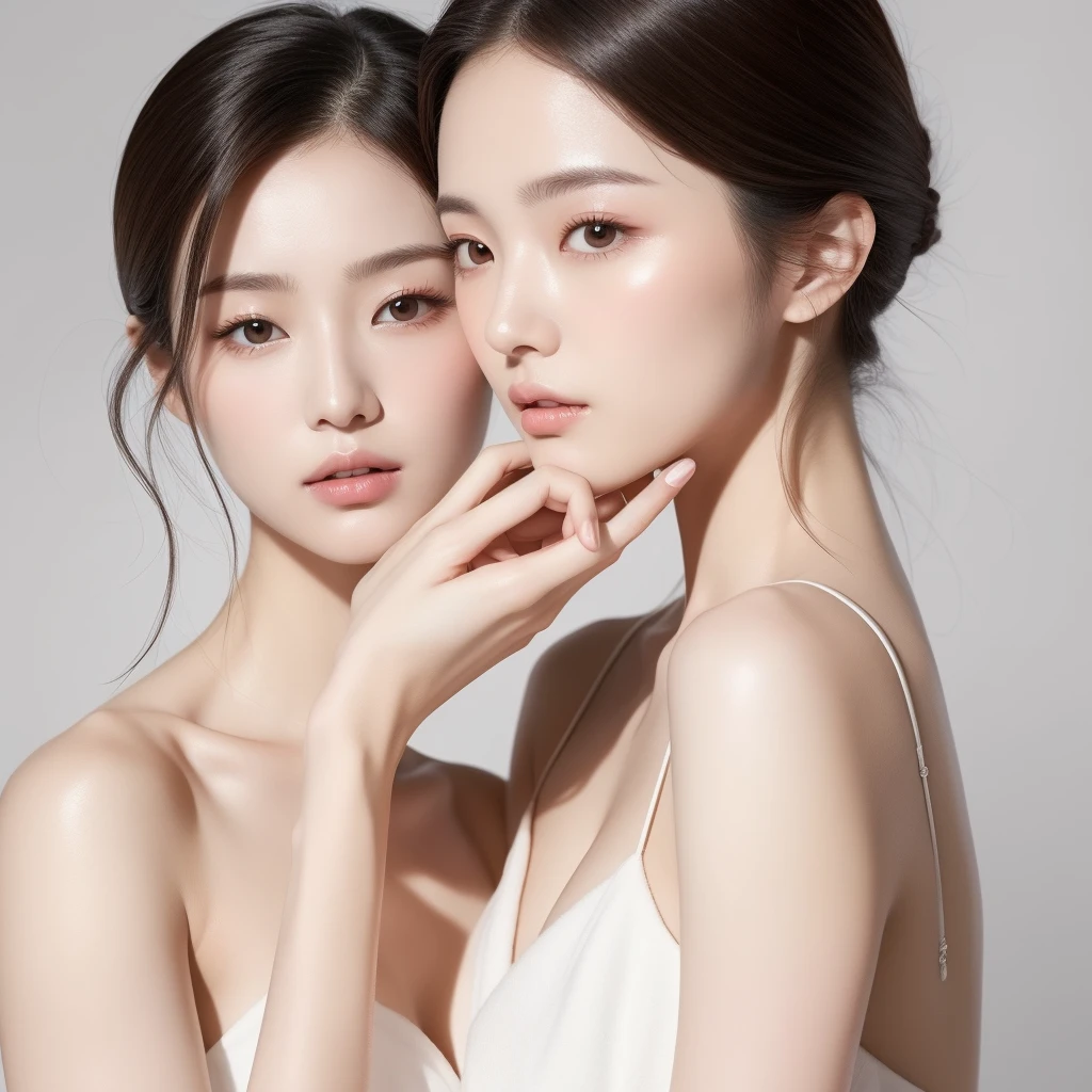 Featuring confident and radiant women、Generate AI Art Inspired by Korean Cosmetics Advertising。Displayed up to chest level、Her perfect skin、Lively makeup、Focus on fashionable hairstyles、Capturing the essence of K-beauty。Isolated on natural white background、Reflecting beauty and fashion trends、Alafed Asian Woman, Look at me diagonally、photoshoot for skincare brand, milky skin, shiny soft skin, clean face and body skin, wlop glossy skin, fanart, eora, Foamy skin, beauty campaign, Official Product Pictures, portrait shot, yangjun chen, Beautiful face in white tones, Ethereal skin