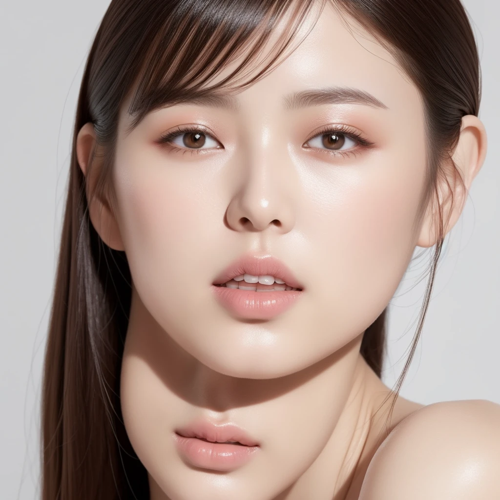 Featuring confident and radiant women、Generate AI Art Inspired by Korean Cosmetics Advertising。Displayed up to chest level、Her perfect skin、Lively makeup、Focus on fashionable hairstyles、Capturing the essence of K-beauty。Isolated on natural white background、Reflecting beauty and fashion trends、Alafed Asian Woman, Look at me diagonally、photoshoot for skincare brand, milky skin, shiny soft skin, clean face and body skin, wlop glossy skin, fanart, eora, Foamy skin, beauty campaign, Official Product Pictures, portrait shot, yangjun chen, Beautiful face in white tones, Ethereal skin