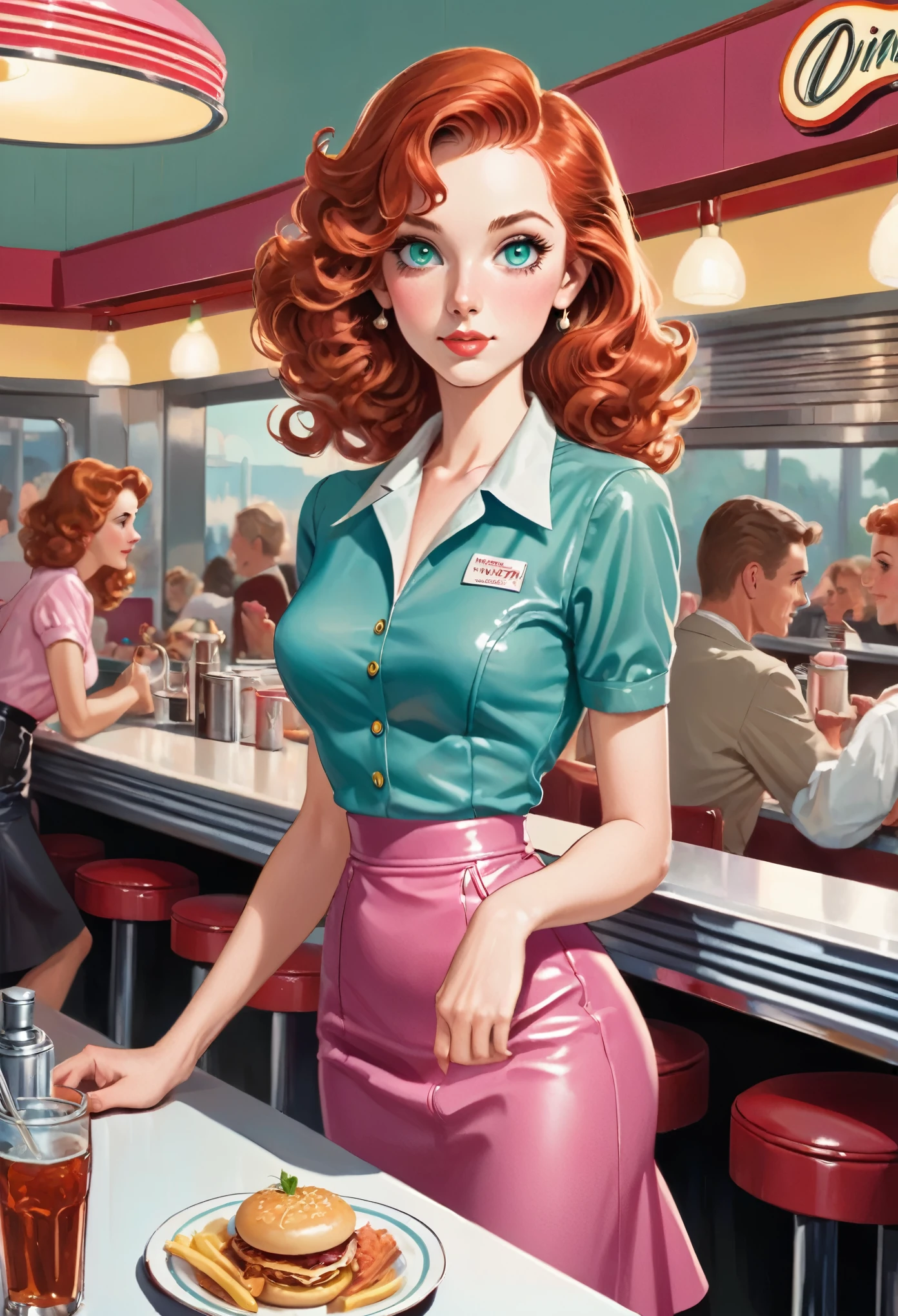 1girl, ((waitress, carrying food:1.5)), red hair in shoulder length curls, fair complexion, green eyes, slim, captivating, elegance, medium teardrop shaped breasts, ((small waist, narrow hips)),short thin legs, small ass, ((petite)), ((blue crop blouse)), ((pink leather skirt)), ((busy background with crowd, server)), (1950's American diner:1.3), cars outside, people in background,view from diner bar, detailed face, detailed eyes, intricate details, vivid colors