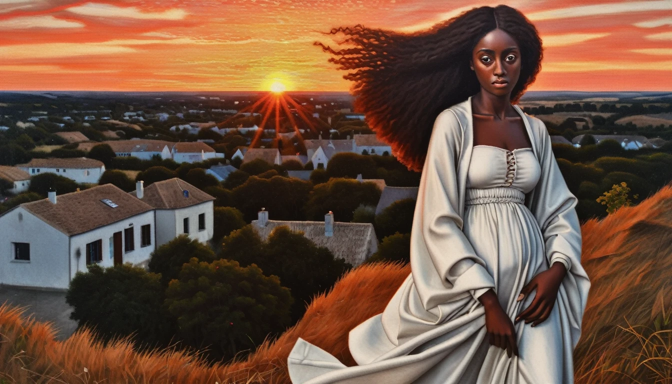 girl, (art by Robert Campin:1.3) , Fiery Akua, Chaos mage, at Sunset, tilt shift, Ultrarealistic, American Scene Painting, Agfacolor, arthouse, beautiful,dynamicpose