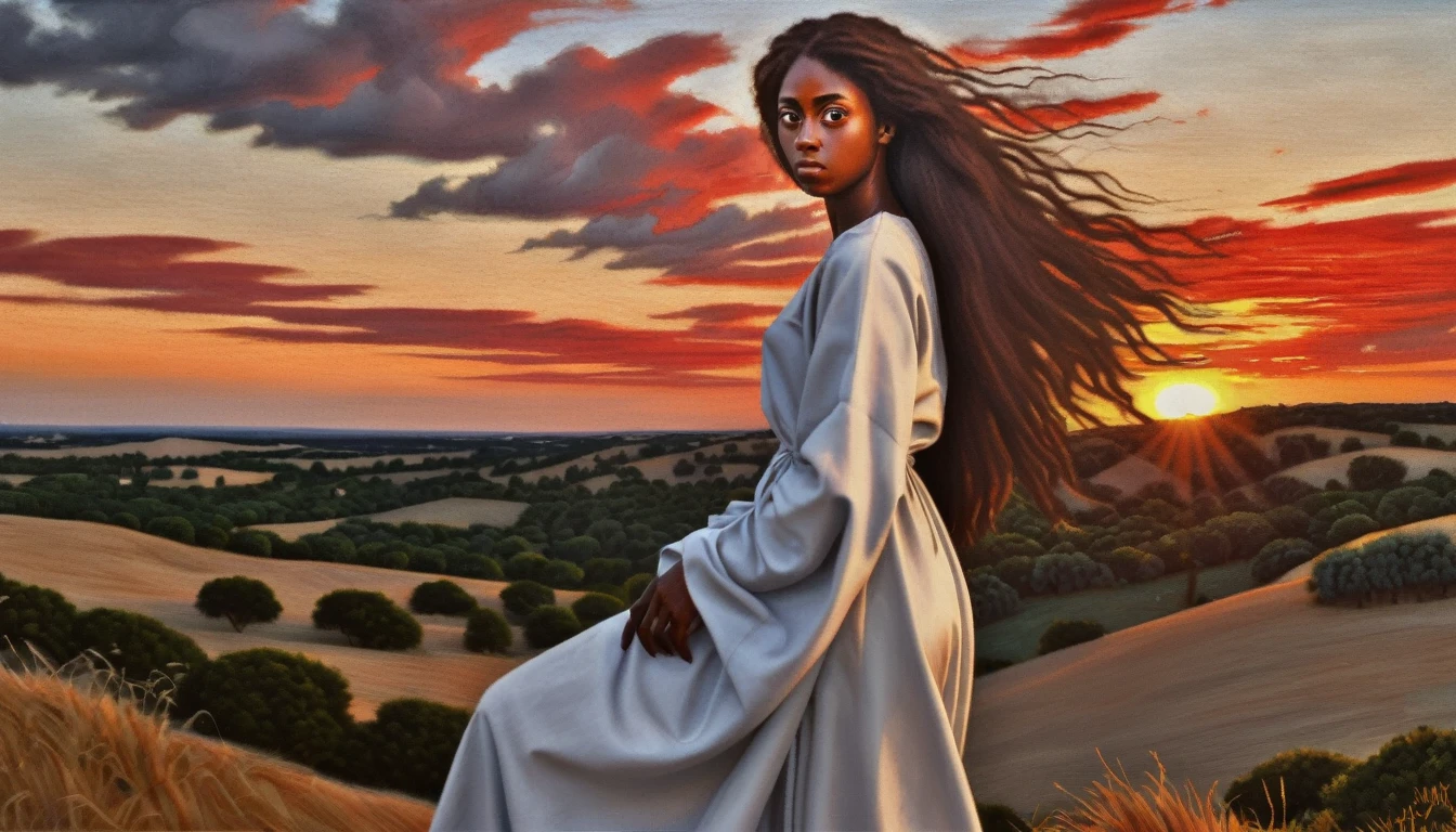 girl, (art by Robert Campin:1.3) , Fiery Akua, Chaos mage, at Sunset, tilt shift, Ultrarealistic, American Scene Painting, Agfacolor, arthouse, beautiful,dynamicpose