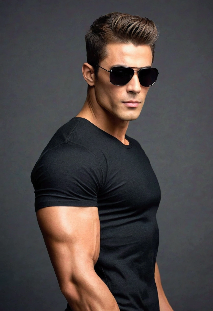 Handsome man with a tall texture and a medium muscular body, also slim, wearing a tight black t-shirt and showing the shape of his muscles, wearing sunglasses, like a model but with short hair combed neatly back, charming with a cool, sexy and seductive gaze 