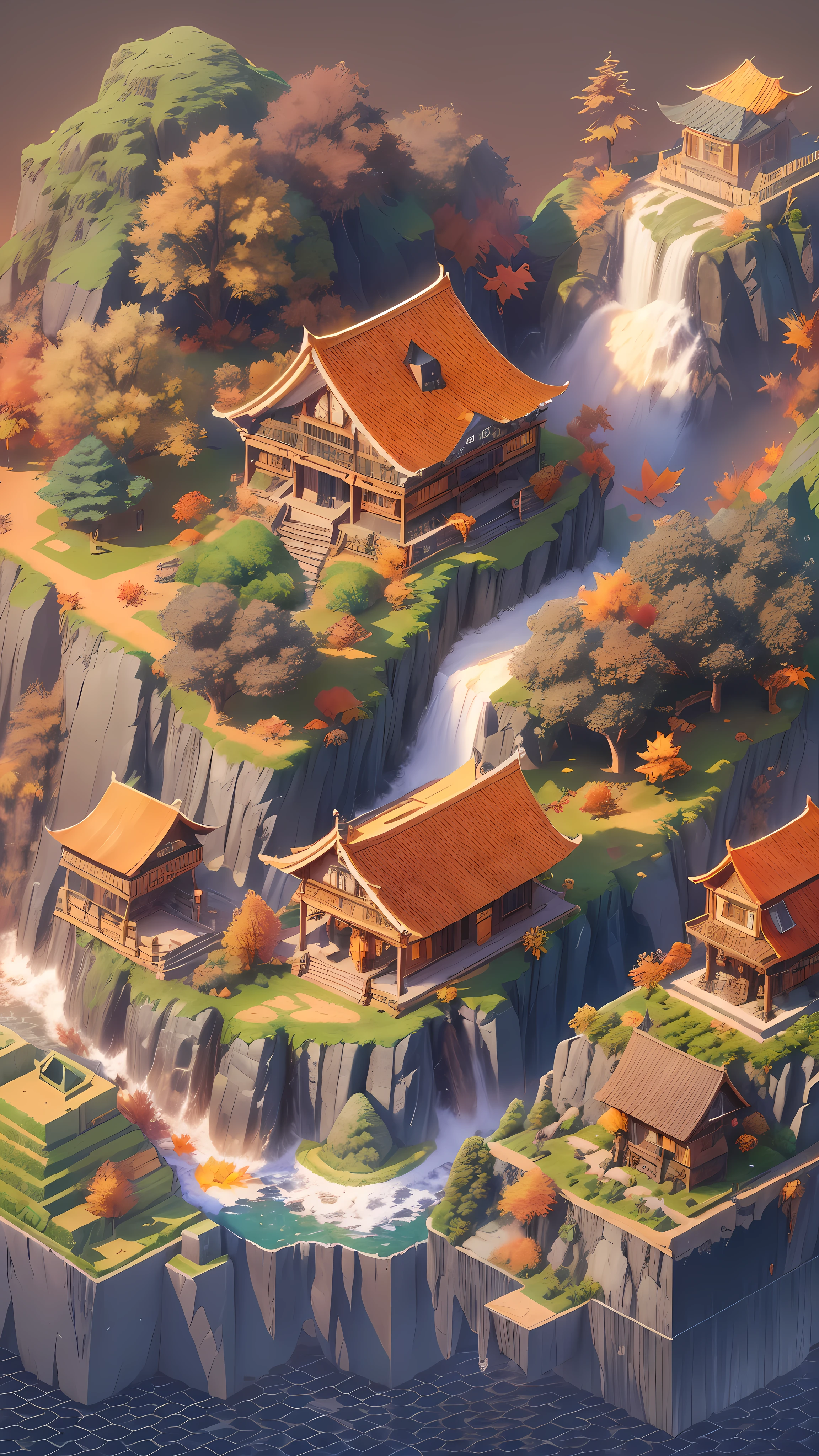 (Isometric Art:1.5)，(high quality，Masterpiece，Octane Rendering，Ray Tracing，Extremely detailed，3d，8K:1.5) ，The art of math，Green mountains and clear waters，(Mountains、case:1.6)，Around the mountain road，Ancient bridge，pavilion，small village，BackgroundMountains，Isometric projection