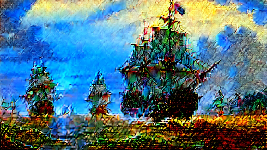 "European colonial ships sailing towards the New World, 17th century, historical painting style"