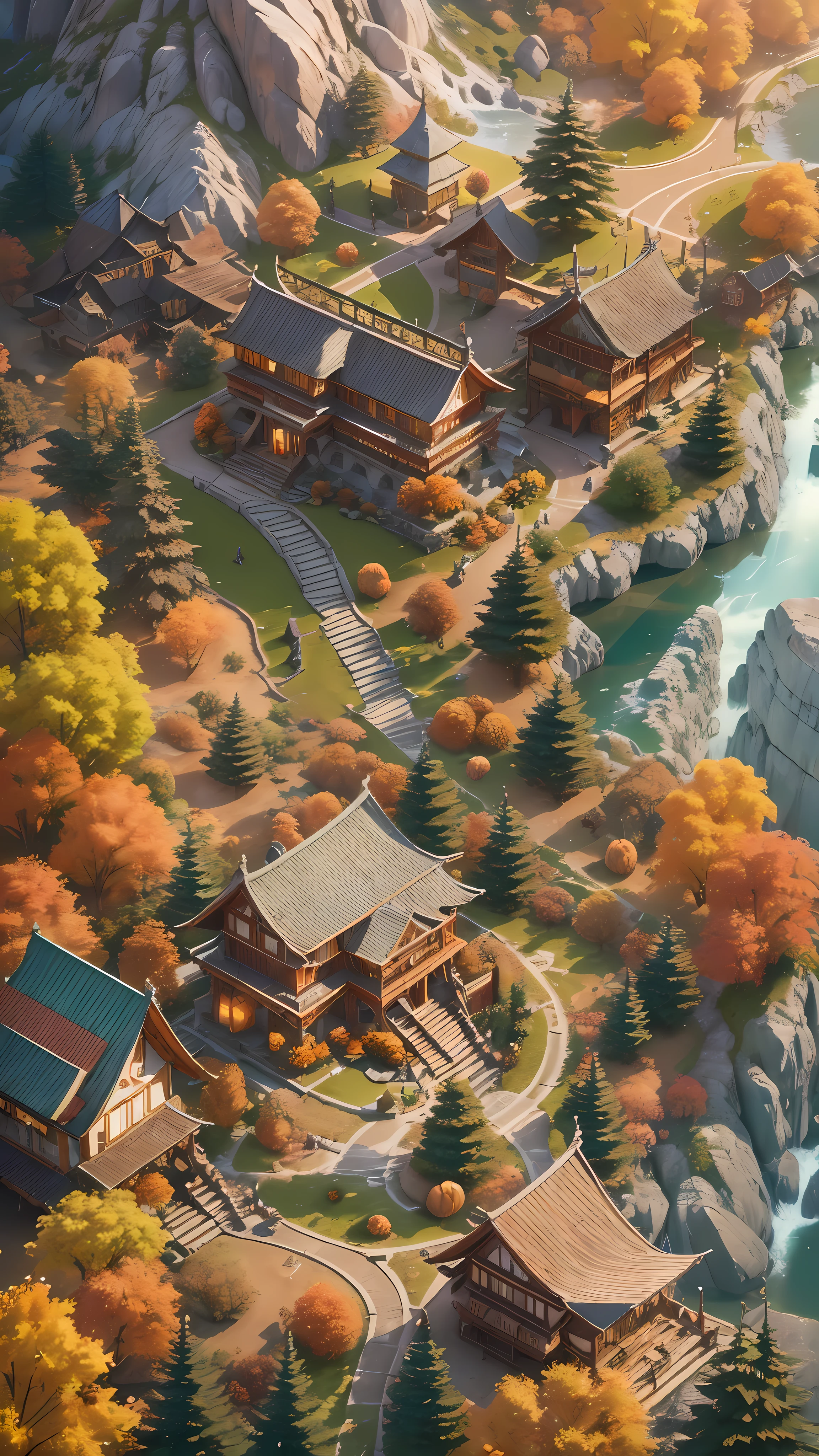 (Isometric Art:1.5)，(high quality，Masterpiece，Octane Rendering，Ray Tracing，Extremely detailed，3d，8K:1.5) ，The art of math，spring，(Mountains、case:1.6)，Around the mountain road，Ancient bridge，pavilion，small village，BackgroundMountains，Isometric projection