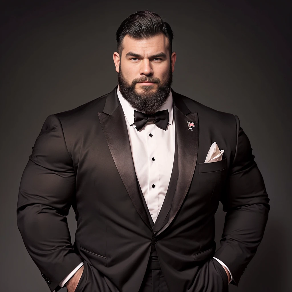 American Male、Dark skin、Big body、Strong beard、Very large body、Very large muscles、Wearing a black long sleeve tuxedo、Six Pack、A sharp face、Muscle Pose、Crotch detail、And then draw the whole body、Bald、Plump crotch、no hair