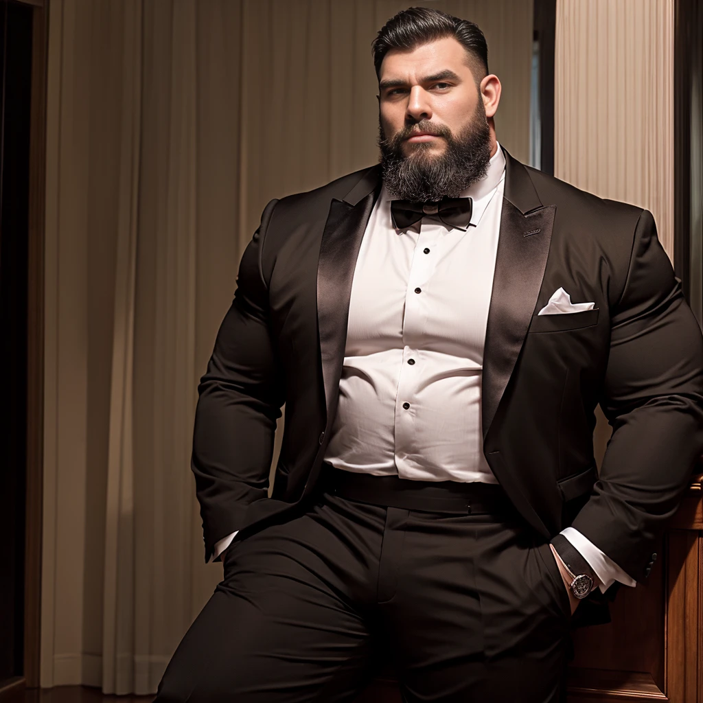 American Male、Dark skin、Big body、Strong beard、Very large body、Very large muscles、Wearing a black long sleeve tuxedo、Six Pack、A sharp face、Muscle Pose、Crotch detail、And then draw the whole body、Bald、Plump crotch、no hair