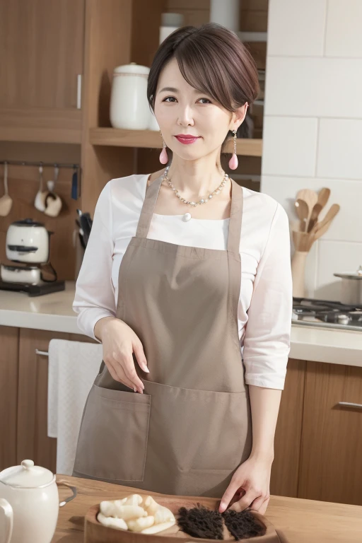 Beautiful mature Japanese woman aged 55, Long eyelashes, Super long hair, Red lipstick, Pink Cheeks, Pearl Necklace, Earrings, Dark eyeshadow, Large Breasts, Apron appearance, kitchen, pussy, nsfw