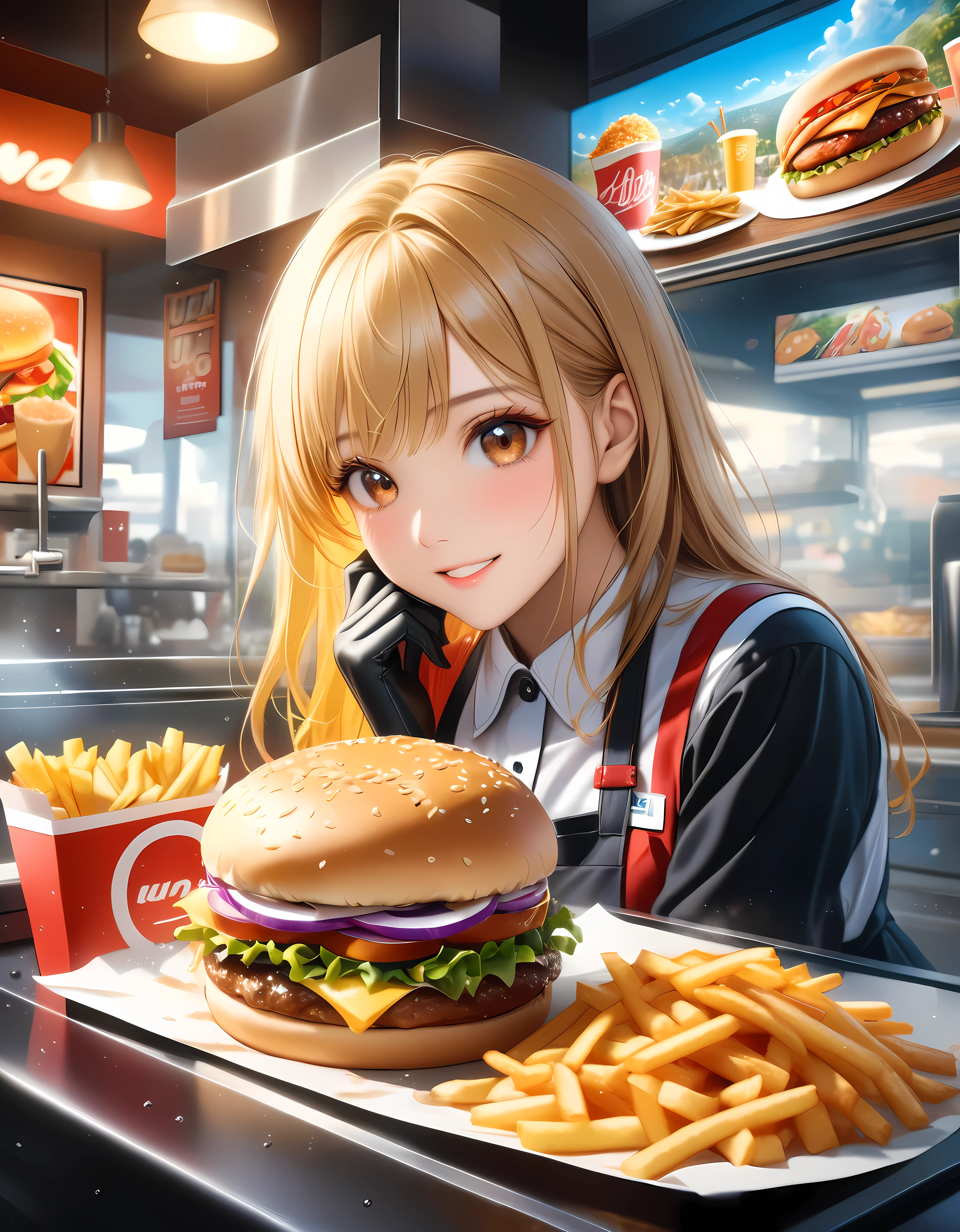 ((Masterpiece in maximum 16K resolution):1.6),((soft_color_photograpy:)1.5), ((Ultra-Detailed):1.4),((Movie-like still images and dynamic angles):1.3) | ((double contact):1.3), ((Supermodel beauty as a Fast Food Worker):1.2), ((Superimposed on Blonde Hair Cute Female):1.1), ((Fast food restaurant lighting):1.3), Oil and ink on canvas, fine dark art, super dramatic light, photoillustration, amazing depth, the ultra-detailed, iridescent black, superfluous dreams, intricately details, amazing depth, Amazing atmosphere, Mesmerizing whimsical vibrant landscapes, ((Fast Food Worker):1.2), ((Detailed Fast Food Restaurant):1.1), ((Happy view):1.1), ((hand gloves):1.1), Maximalism ((beautiful outside, Ugly inside, pressure and pain, beauty and despair, hard and soft, positive and negative, hot and cold, Sweet and sour, Vibrant but boring, Perfect harmony, light and shadows, old and young, Black and white, Corresponding color, loud and quiet, Chaos and peace, life and death):1.2) The complex masterpiece of a real-time engineering leader. | Rendered in ultra-high definition with UHD and retina quality, this masterpiece ensures anatomical correctness and textured skin with super detail. With a focus on high quality and accuracy, this award-winning portrayal captures every nuance in stunning 16k resolution, immersing viewers in its lifelike depiction. | ((perfect_composition, perfect_design, perfect_layout, perfect_detail, ultra_detailed)), ((enhance_all, fix_everything)), More Detail, Enhance.