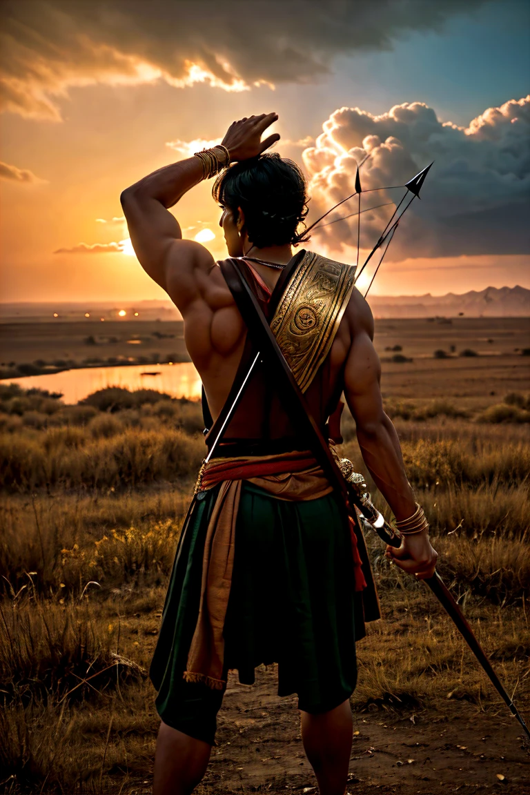 A detailed and dramatic history image of Arjuna, the valiant archer from the Mahabharata, standing alone on a vast battlefield. Arjuna is depicted in full battle gear, his bow and quiver strapped to his back. His arms are raised high, muscles tensed, as he prepares to unleash a powerful attack. The battlefield is a desolate landscape, littered with the wreckage of war. Smoke rises in the distance, and the sky is filled with the ominous glow of the setting sun. Arjuna's face is a stoic mask of determination, his eyes burning with righteous anger.