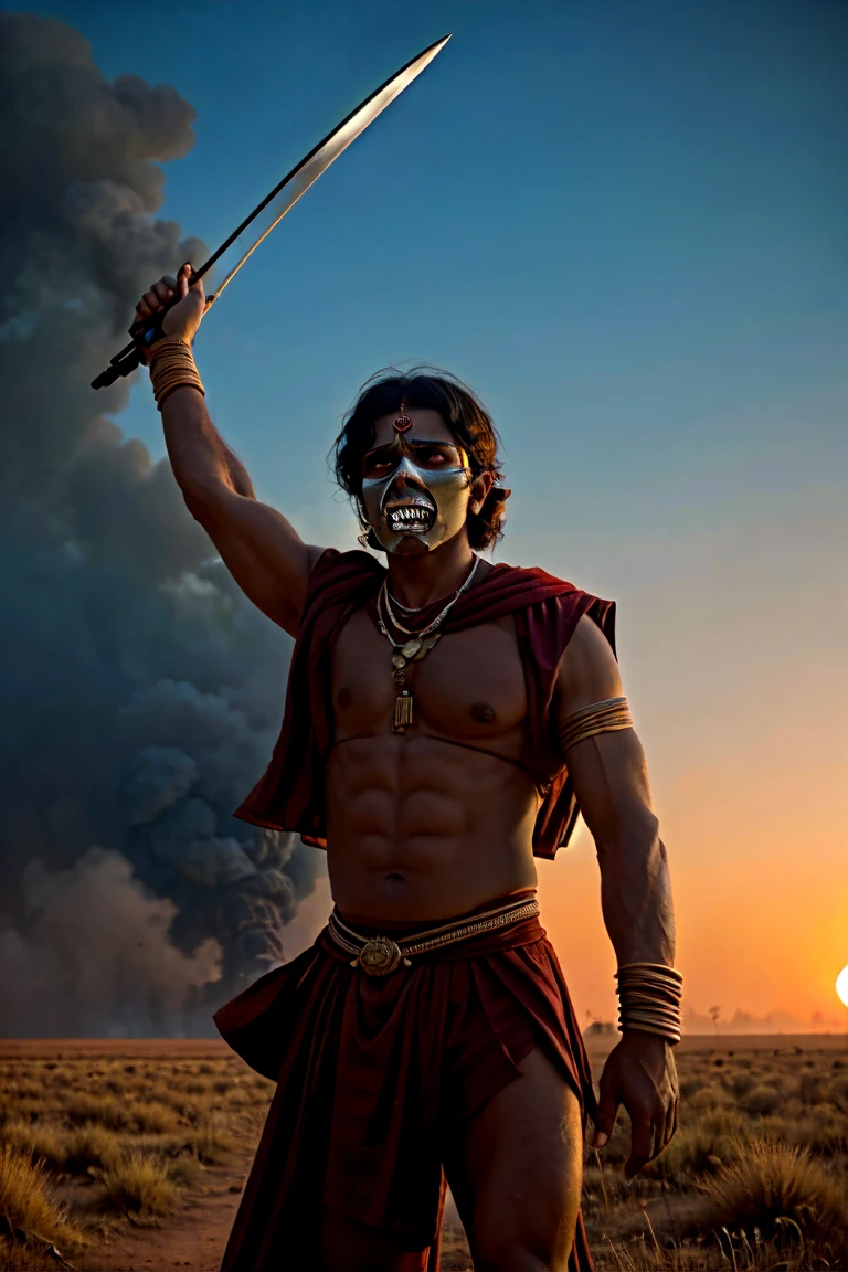 A detailed and dramatic history image of Arjuna, the valiant archer from the Mahabharata, standing alone on a vast battlefield. Arjuna is depicted in full battle gear, his bow and quiver strapped to his back. His arms are raised high, muscles tensed, as he prepares to unleash a powerful attack. The battlefield is a desolate landscape, littered with the wreckage of war. Smoke rises in the distance, and the sky is filled with the ominous glow of the setting sun. Arjuna's face is a stoic mask of determination, his eyes burning with righteous anger.