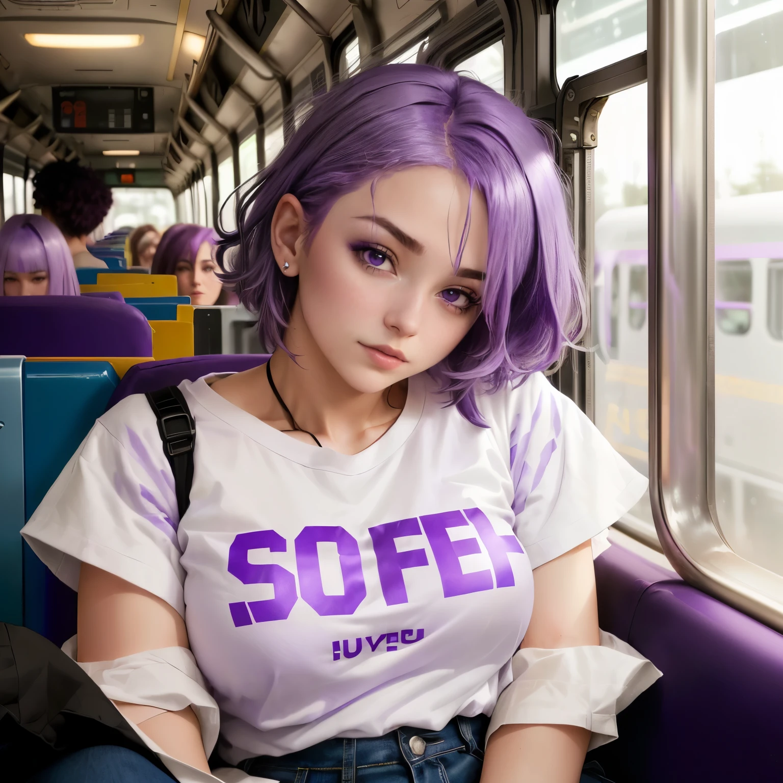 arafed woman sitting in a bus with purple hair and a white shirt, chin-length purple hair, purple hair portrait of woman, short purple hair, photo of young woman, wearing purple undershirt, kate bishop, she has purple hair, purple top, candid portrait photo, violet coloured t-shirt, purple hair, color portrait, purple outfit, purple hue