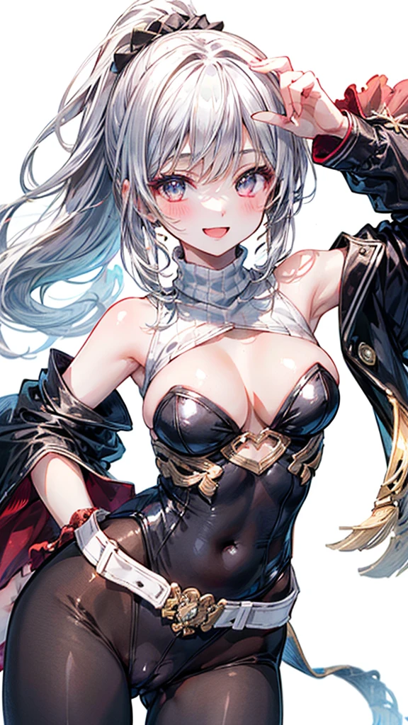 (Best quality, 8k, 32k, Masterpiece, UHD,:1.2),RAW, 1girl,ultra cute , natural lighting,transparent shining eyes, 20yo ,fair complexion,blush, open mouth, laughing, (Black leotard、turtleneck,((no-sleeve)), ((Dynamic angle)), medium , smiling, shiny,, ((White Background)), White hair, ponytail, Cowboy shot, wedgie, Cameltoe